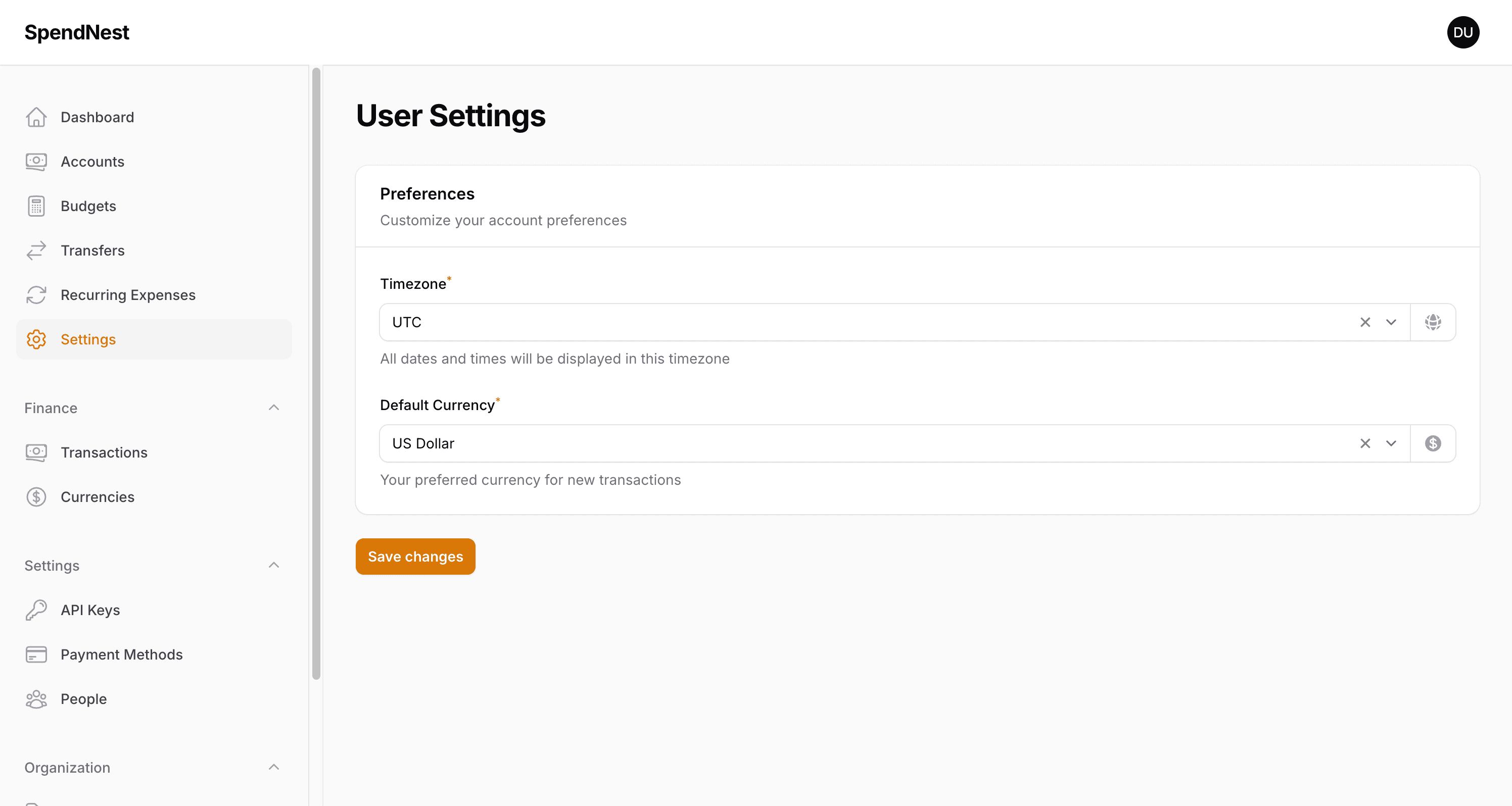 SpendNest Settings