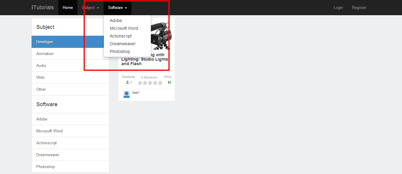 LMS — top navigation dropdown