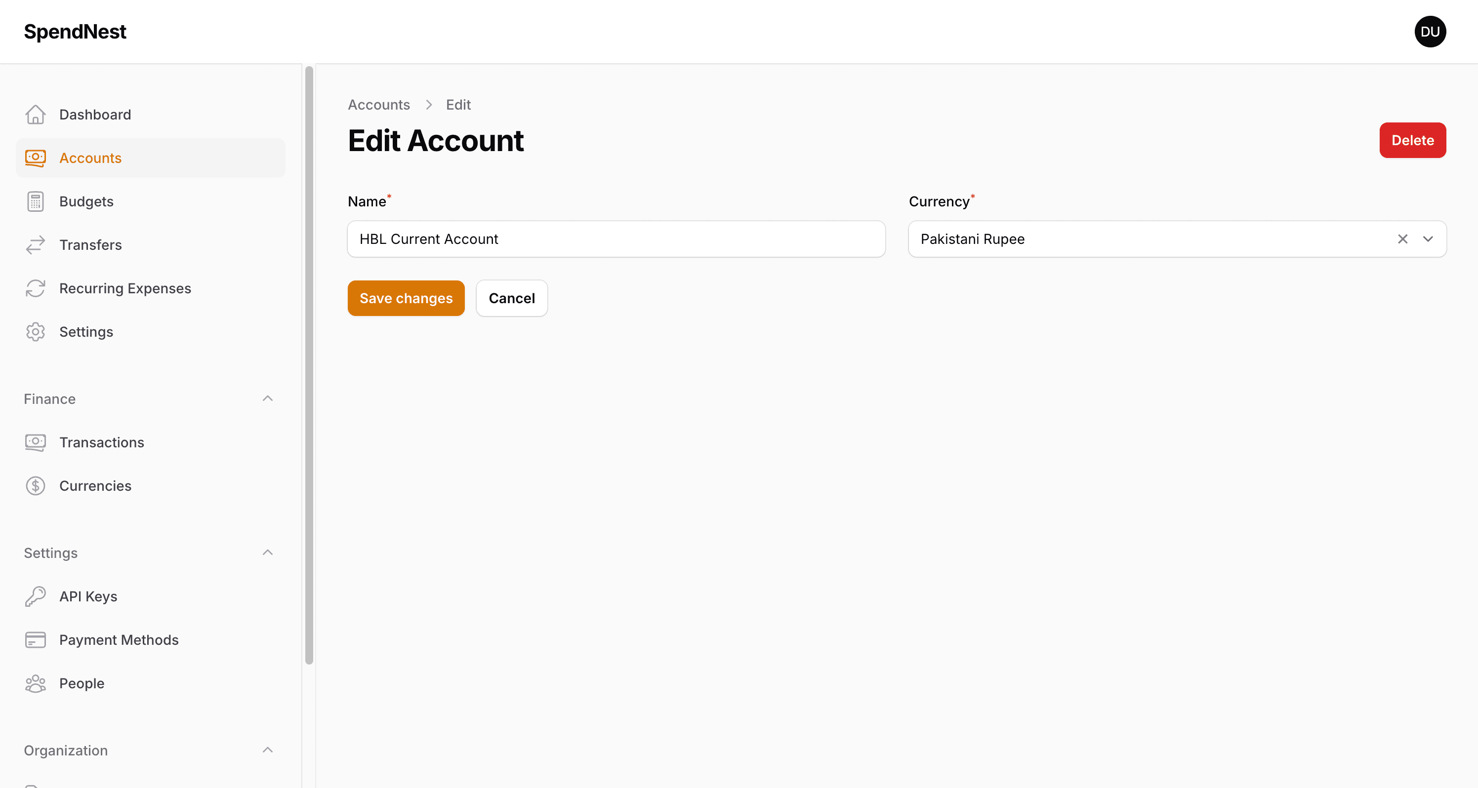 SpendNest Account Edit