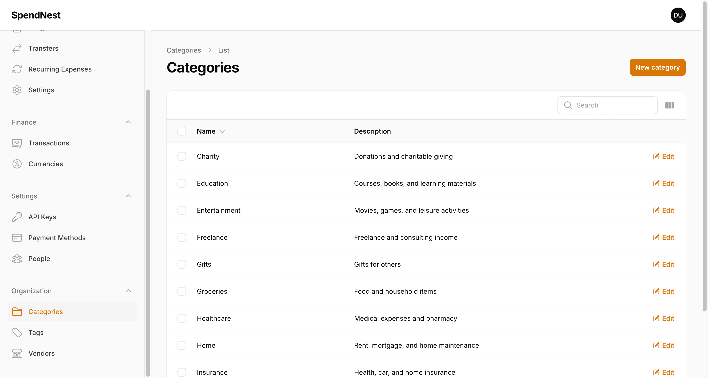 SpendNest Categories