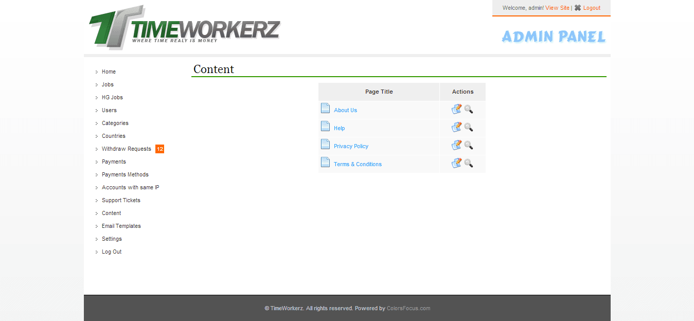 Admin — page CMS