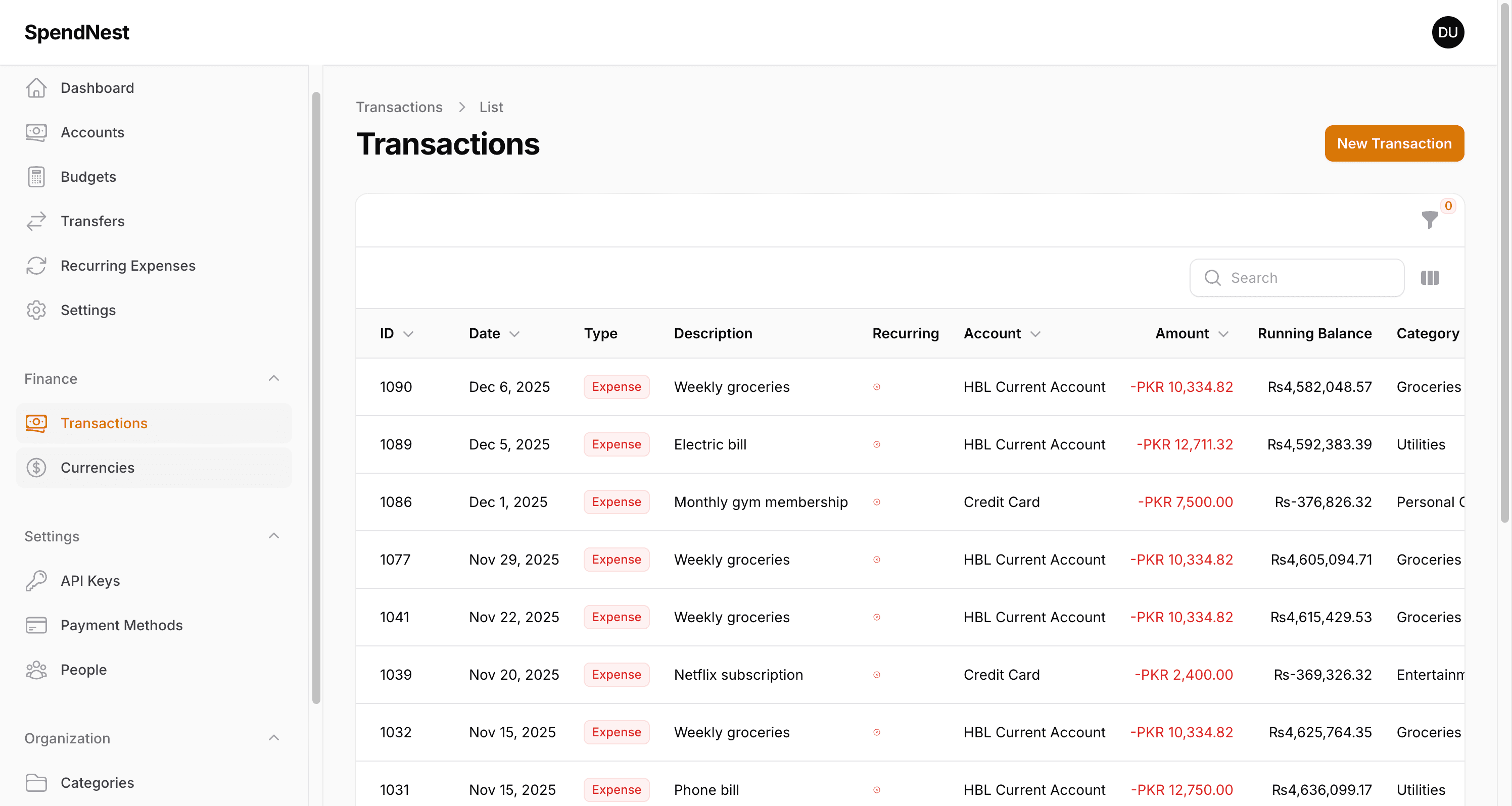 SpendNest Transactions