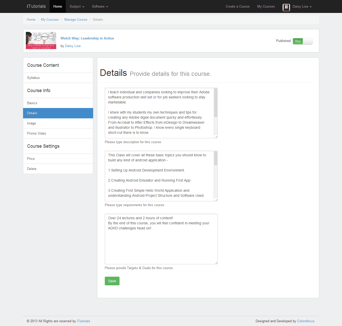 Teacher — course details tab