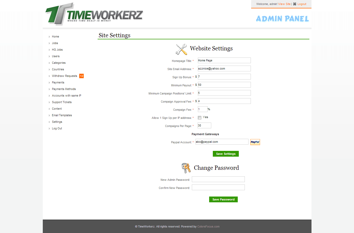 Admin — settings