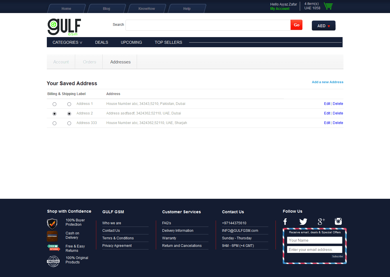 Gulf GSM — saved addresses