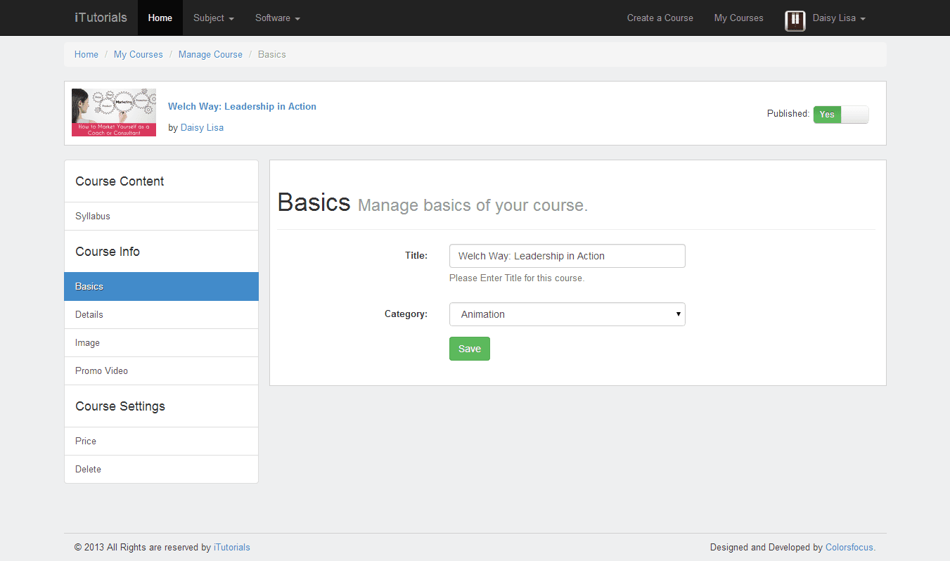 Teacher — course basics tab
