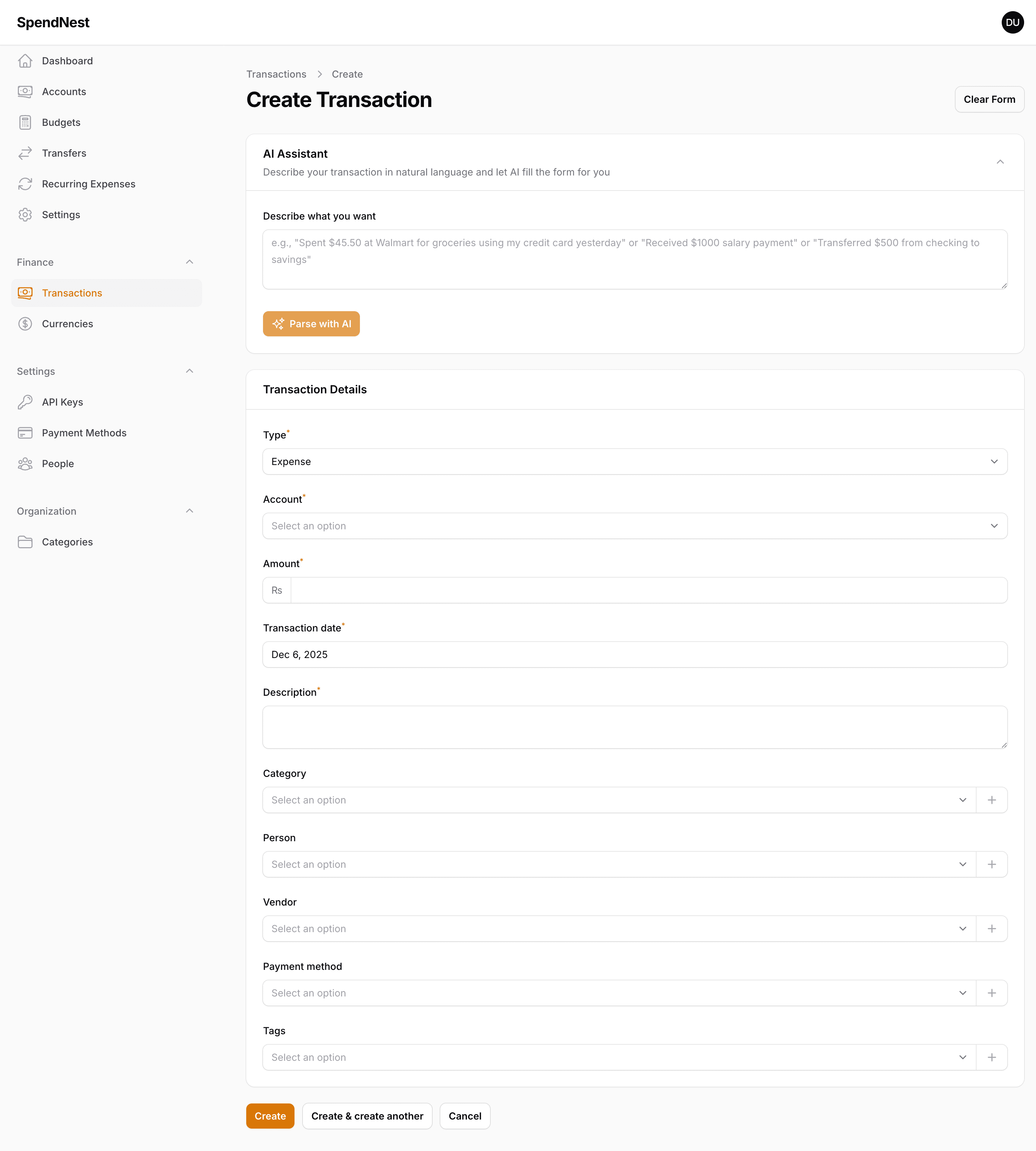 SpendNest Create Transaction