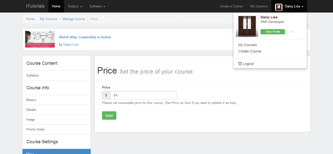 LMS — account dropdown menu