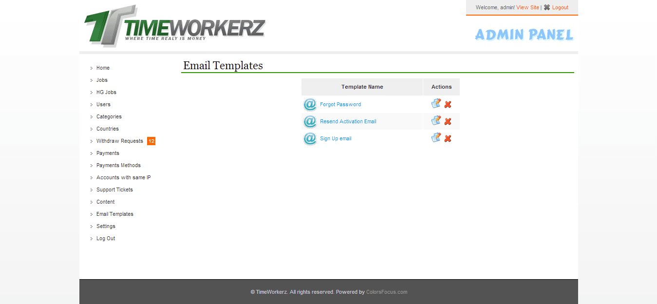 Admin — email templates