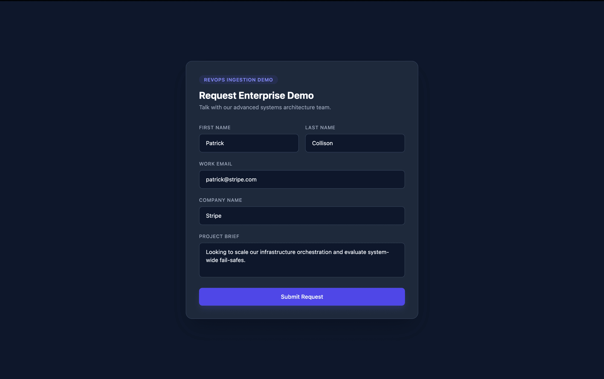 Enterprise contact form with the lead's name, work email, and company prefilled, ready to fire a webhook to the n8n pipeline