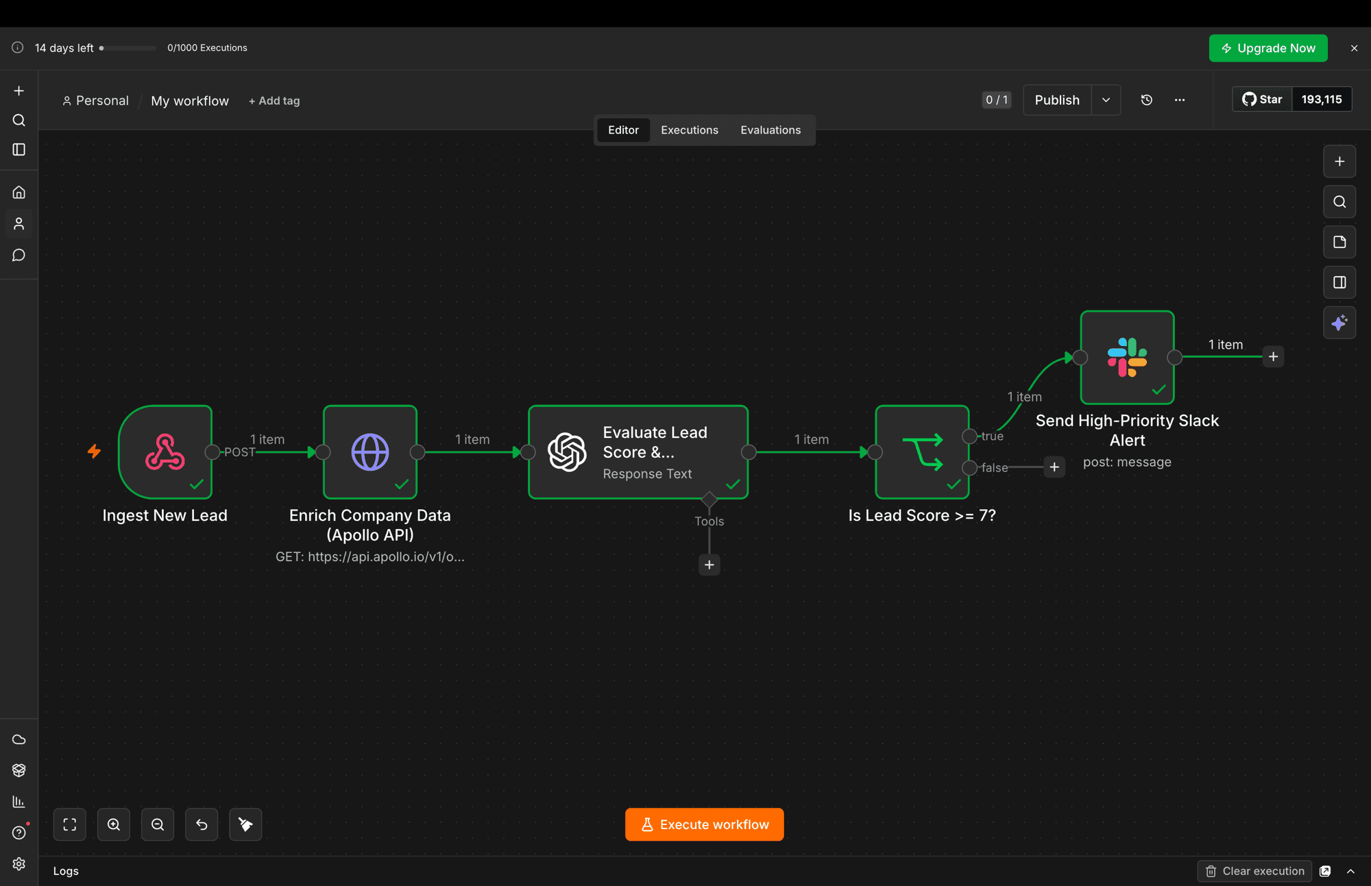 n8n canvas with five renamed nodes (Ingest New Lead, Enrich Company Data via Apollo, Evaluate Lead Score and Generate Hook, Is Lead Score >= 7, Send High-Priority Slack Alert) all showing green execution checkmarks
